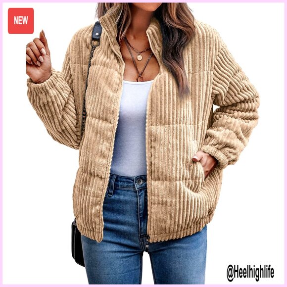Quilted Corduroy Bomber Jacket Oversized Fit Ribbed Zip Up Winter Coat